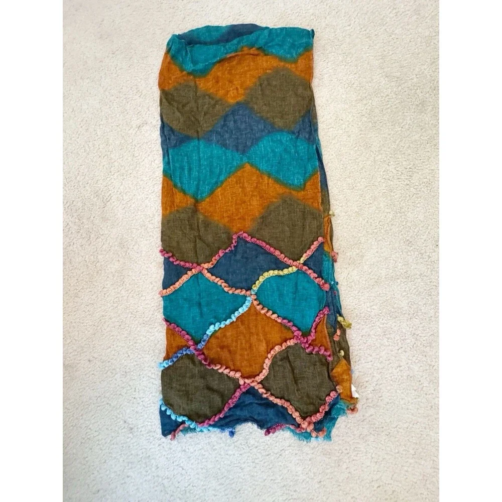 Chico’s Colorful Patchwork Pom Pom Rectangular Scarf boho Bohemian Lagenlook